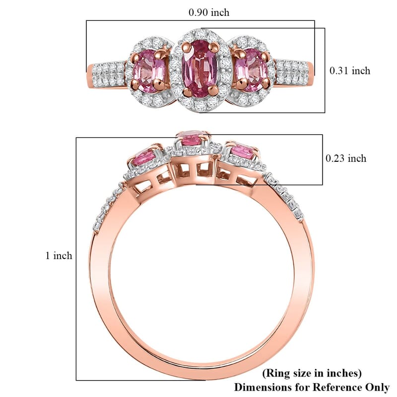 D'Joy Premium Mahenge Spinel and Moissanite 0.85 ctw Royal Trilogy Ring in 18K Vermeil Rose Gold Over Sterling Silver (Size 8.0)