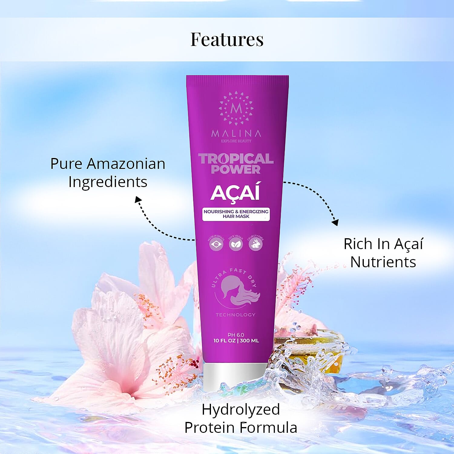 Malina Tropical Power Acai Nourishing & Energizing Hair Mask (10oz)