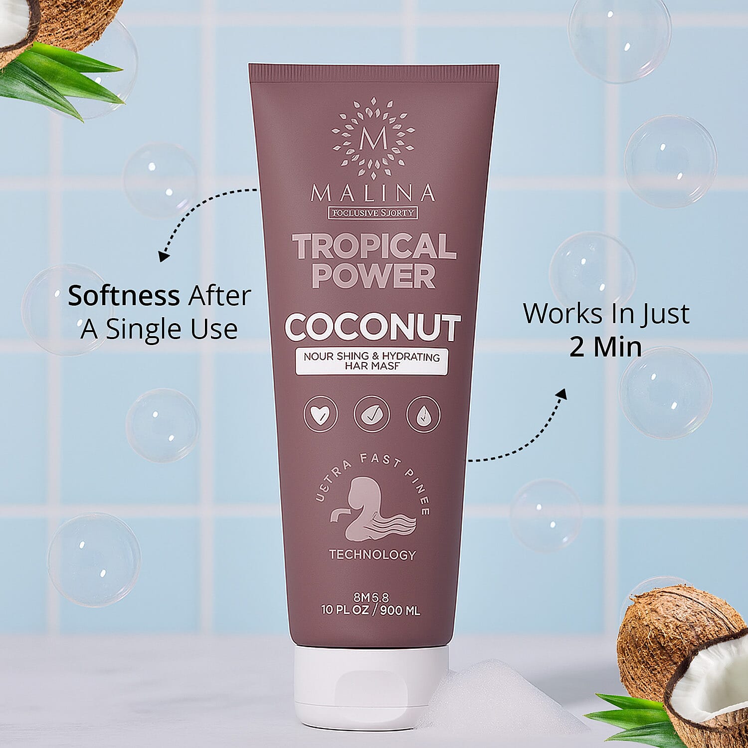 Malina Tropical Power Coconut Nourishing & Hydrating Hair Mask (10oz)