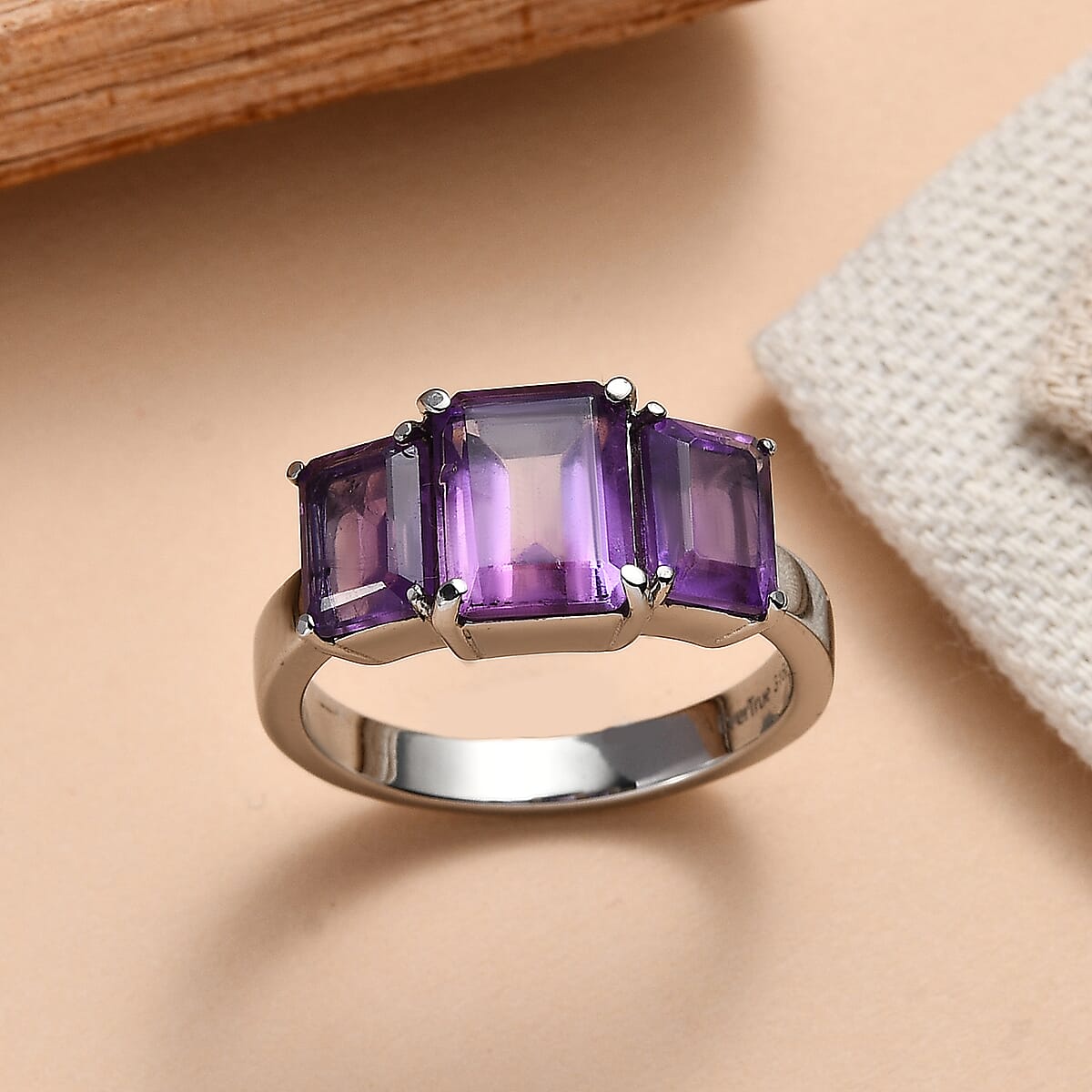 EverTrue African Amethyst 4.25 ctw 3 Stone Ring in Stainless Steel (Size 10.0)  image number 1