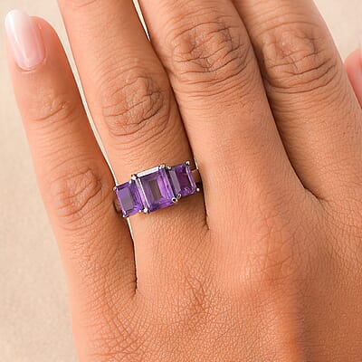 EverTrue African Amethyst 4.25 ctw 3 Stone Ring in Stainless Steel (Size 10.0) 
