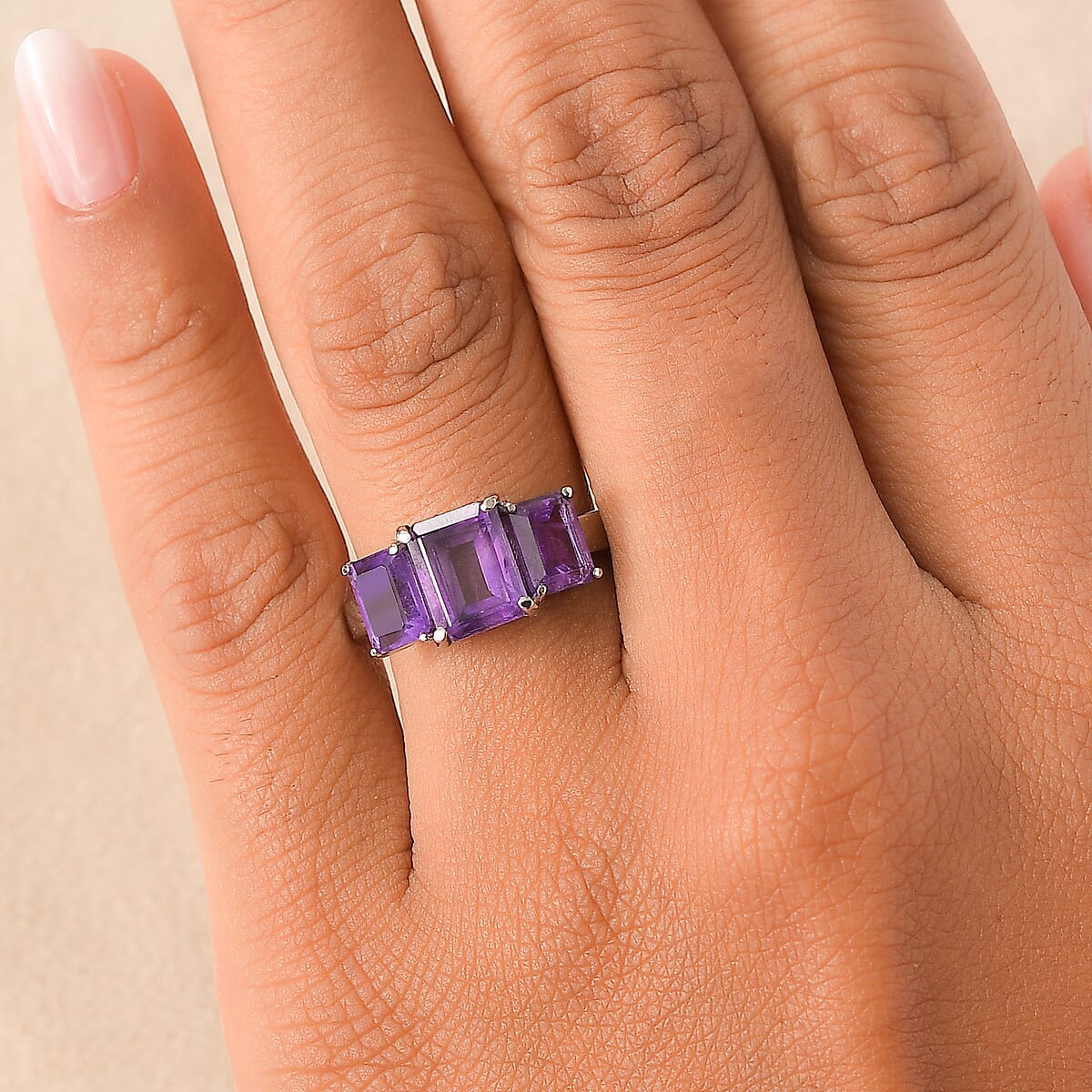 EverTrue African Amethyst 4.25 ctw 3 Stone Ring in Stainless Steel (Size 8.0)  image number 2