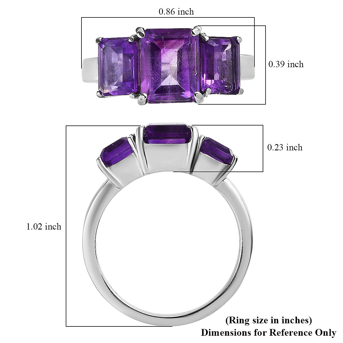 EverTrue African Amethyst 4.25 ctw 3 Stone Ring in Stainless Steel (Size 9.0)  image number 5