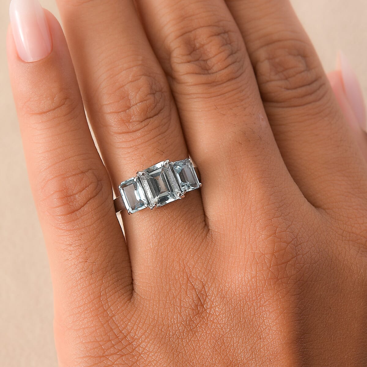 EverTrue Sky Blue Topaz 5.60 ctw 3 Stone Ring in Stainless Steel (Size 10.0) image number 2
