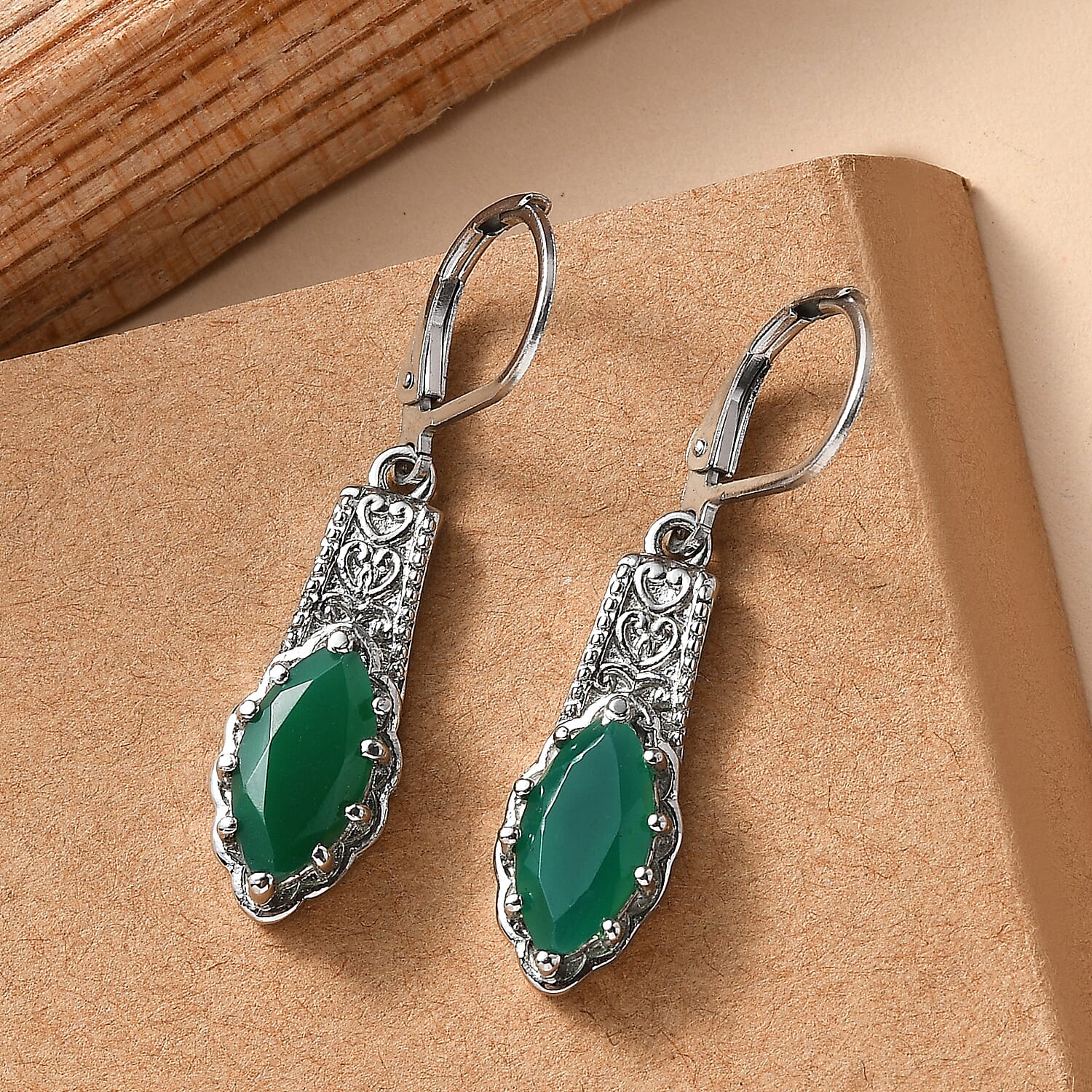 EverTrue Green Onyx 3.70 ctw Lever Back Earrings in Stainless Steel 
