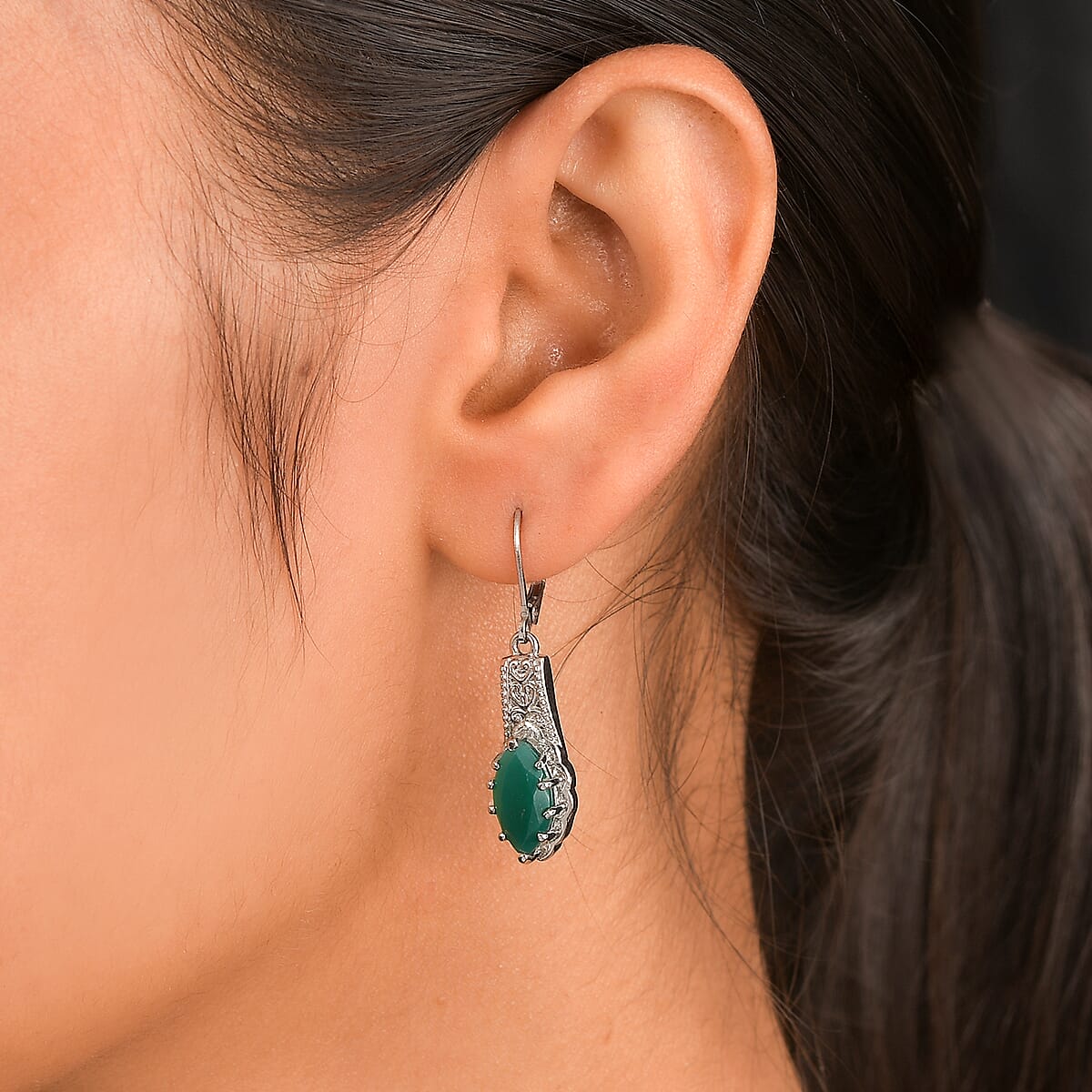 EverTrue Green Onyx 3.70 ctw Lever Back Earrings in Stainless Steel  image number 2
