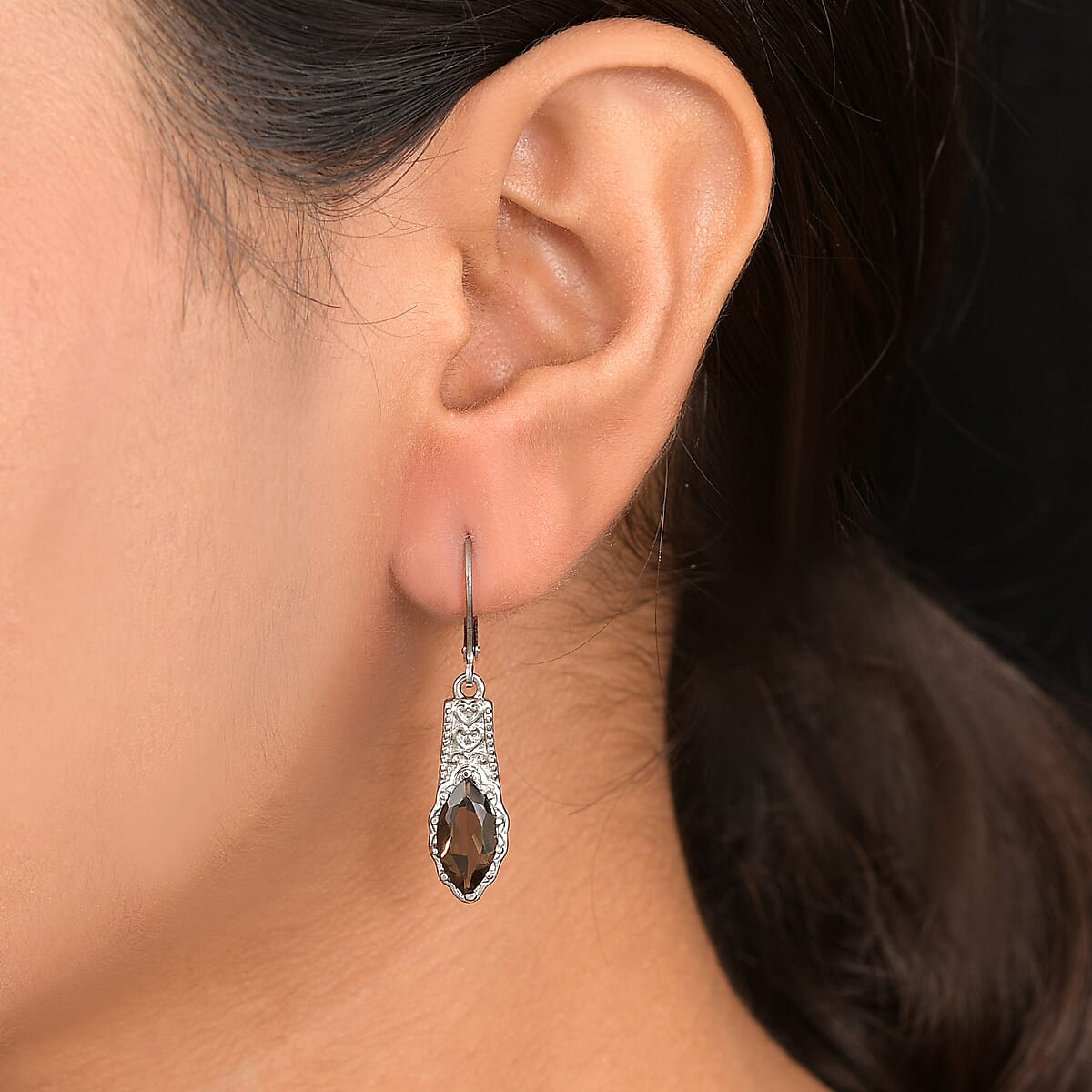 EverTrue Brazilian Smoky Quartz 3.70 ctw Lever Back Earrings in Stainless Steel  image number 2