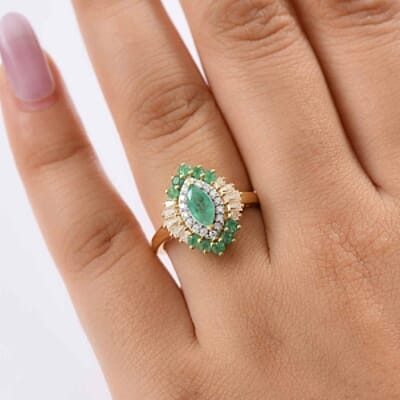 D'Joy Zambian Emerald and Moissanite 1.30 ctw Ring in 18K Vermeil Yellow Gold Over Sterling Silver (Size 10.0)