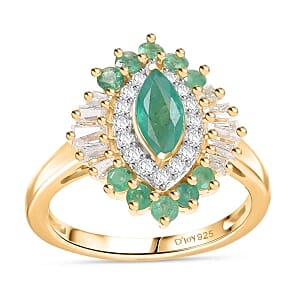 D'Joy Zambian Emerald and Moissanite 1.30 ctw Ring in 18K Vermeil Yellow Gold Over Sterling Silver (Size 10.0)