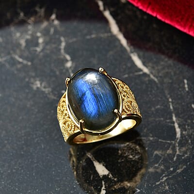 EverTrue Malagasy Labradorite 12.75 ctw Solitaire Ring in 18K Yellow Gold Plated (Size 10.0)
