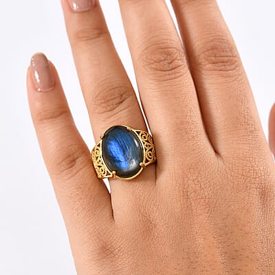 EverTrue Malagasy Labradorite 12.75 ctw Solitaire Ring in 18K Yellow Gold Plated (Size 10.0)