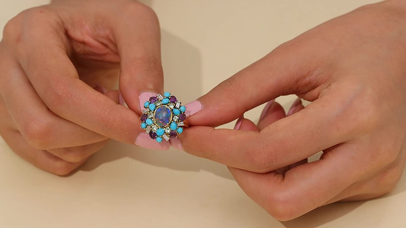 D'Joy Elysian Opal (Triplet) and Multi Gemstone 4.50 ctw Ring in 18K Vermeil Yellow Gold Over Sterling Silver (Size 10.0)