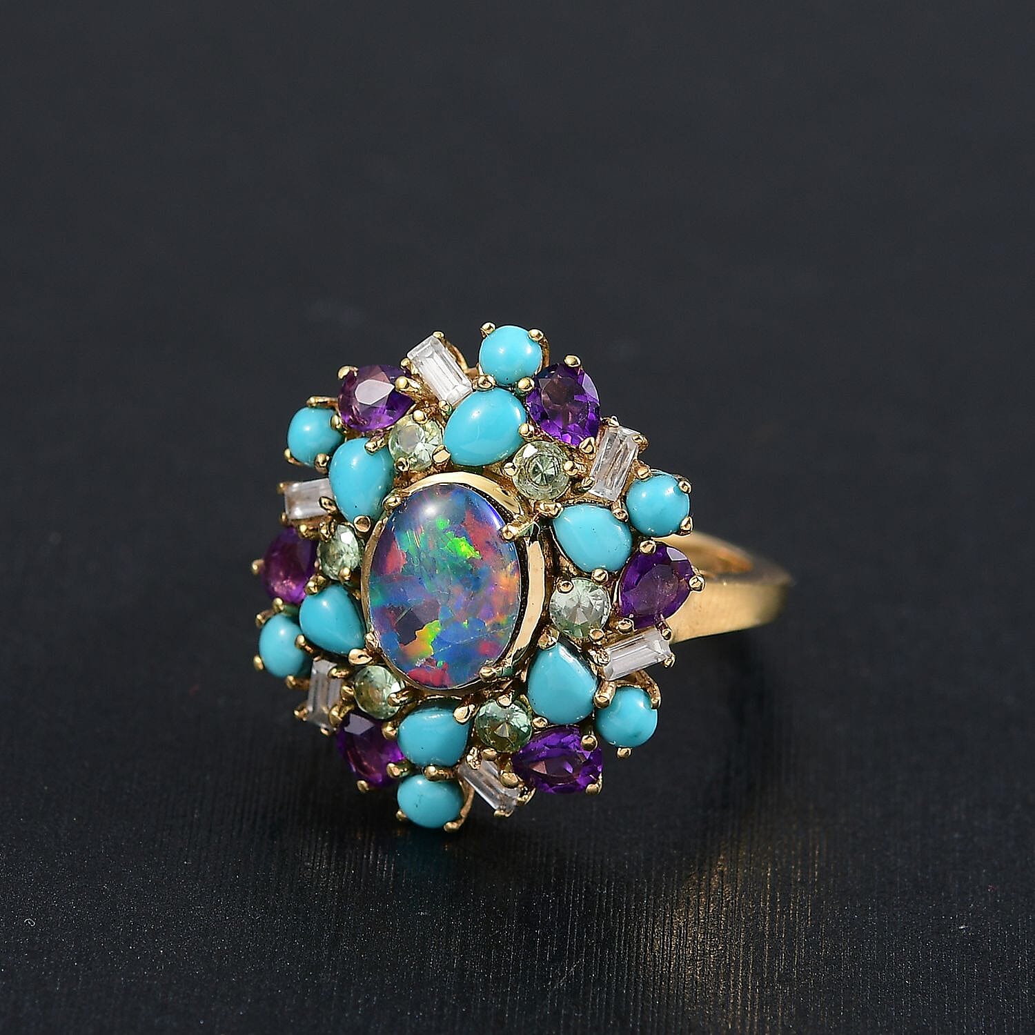 D'Joy Elysian Opal (Triplet), Multi Gemstone Bloom Ring in 18K Vermeil YG Over Sterling Silver 4.50 ctw (Size 10.0)