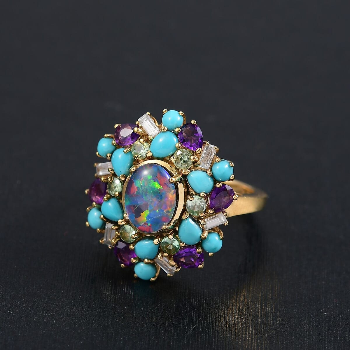 D'Joy Elysian Opal (Triplet) and Multi Gemstone 4.50 ctw Cosmic Bloom Ring in 18K Vermeil Yellow Gold Over Sterling Silver (Size 10.0) image number 1
