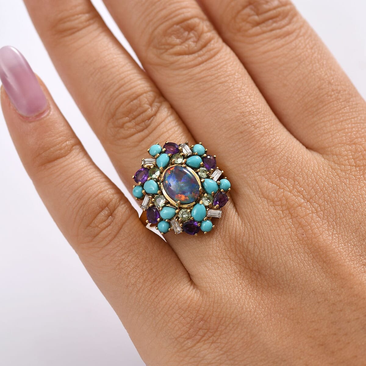 D'Joy Elysian Opal (Triplet) and Multi Gemstone 4.50 ctw Cosmic Bloom Ring in 18K Vermeil Yellow Gold Over Sterling Silver (Size 10.0) image number 2