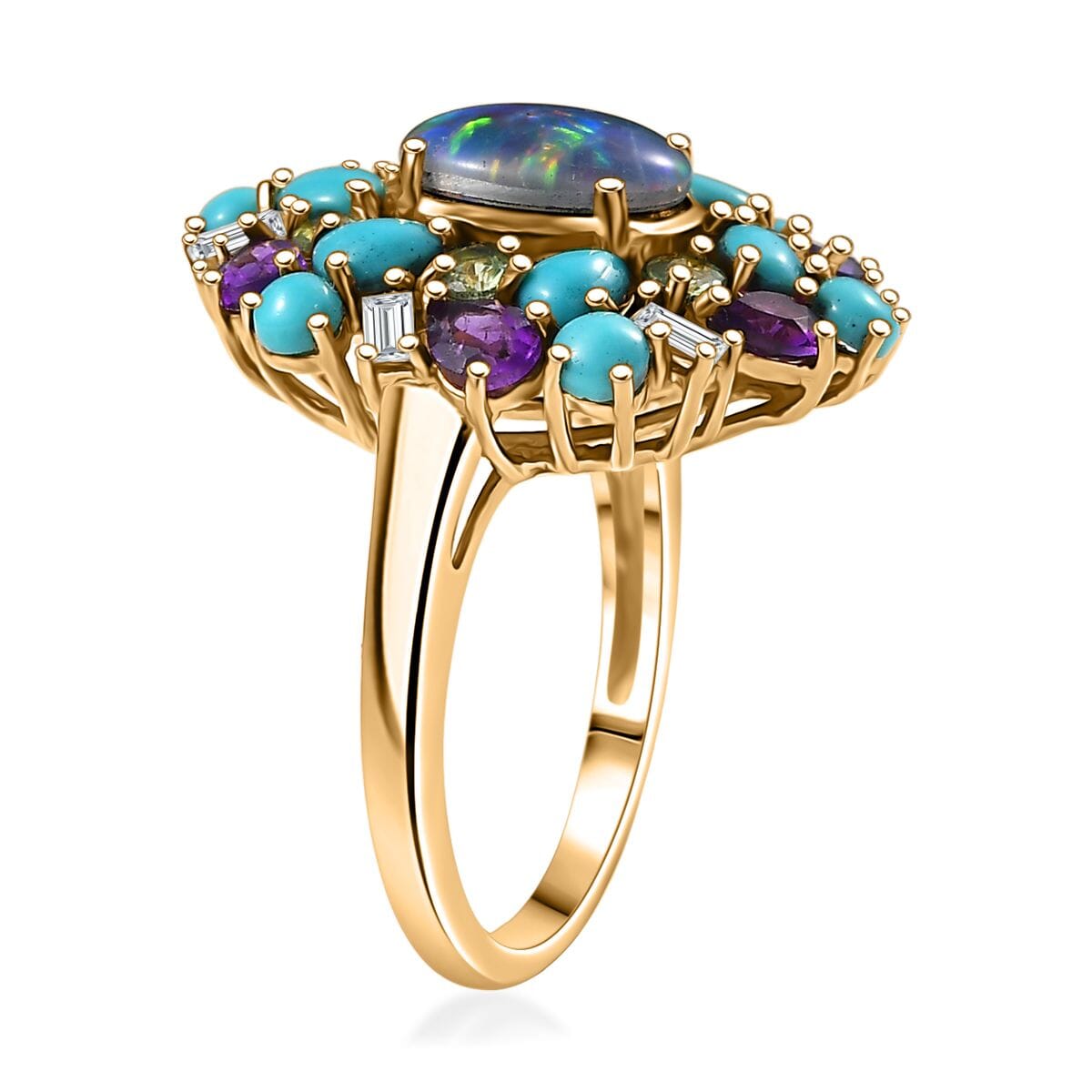 D'Joy Elysian Opal (Triplet) and Multi Gemstone 4.50 ctw Cosmic Bloom Ring in 18K Vermeil Yellow Gold Over Sterling Silver (Size 10.0) image number 3