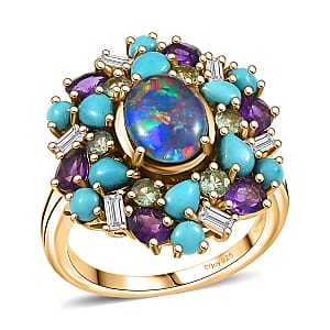 D'Joy Elysian Opal (Triplet) and Multi Gemstone 4.50 ctw Cosmic Bloom Ring in 18K Vermeil Yellow Gold Over Sterling Silver (Size 6.0)