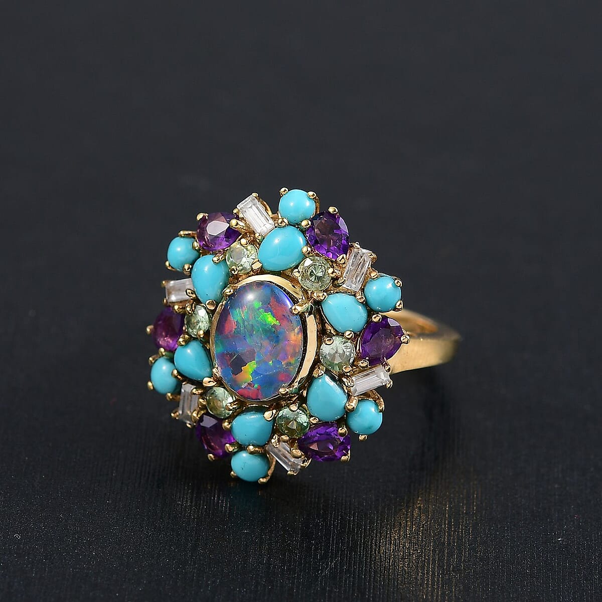 D'Joy Elysian Opal (Triplet) and Multi Gemstone 4.50 ctw Cosmic Bloom Ring in 18K Vermeil Yellow Gold Over Sterling Silver (Size 6.0) image number 1