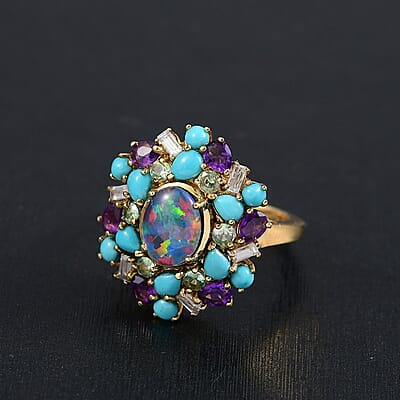 D'Joy Elysian Opal (Triplet) and Multi Gemstone 4.50 ctw Cosmic Bloom Ring in 18K Vermeil Yellow Gold Over Sterling Silver (Size 6.0)