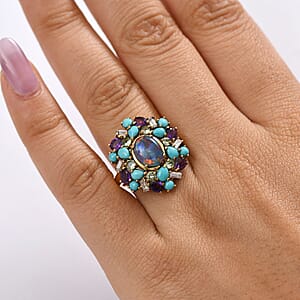 D'Joy Elysian Opal (Triplet) and Multi Gemstone 4.50 ctw Cosmic Bloom Ring in 18K Vermeil Yellow Gold Over Sterling Silver (Size 6.0)