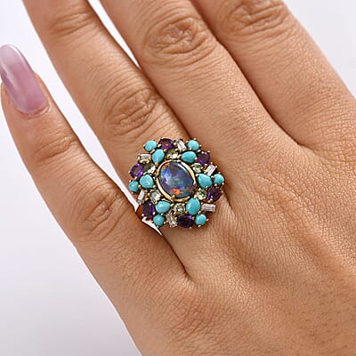 D'Joy Elysian Opal (Triplet) and Multi Gemstone 4.50 ctw Cosmic Bloom Ring in 18K Vermeil Yellow Gold Over Sterling Silver (Size 6.0)