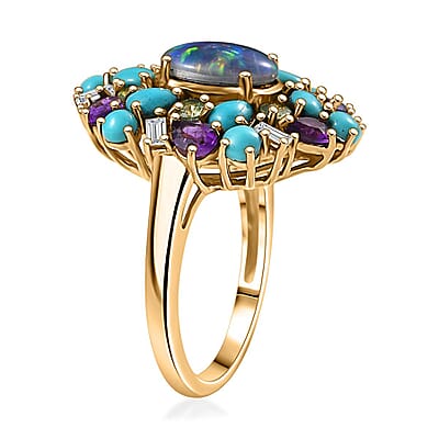 D'Joy Elysian Opal (Triplet) and Multi Gemstone 4.50 ctw Cosmic Bloom Ring in 18K Vermeil Yellow Gold Over Sterling Silver (Size 6.0)