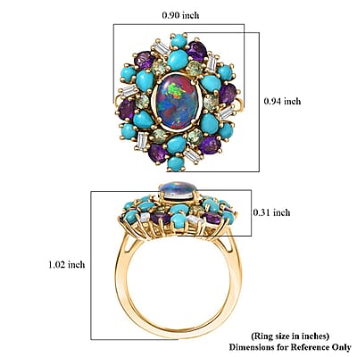 D'Joy Elysian Opal (Triplet) and Multi Gemstone 4.50 ctw Cosmic Bloom Ring in 18K Vermeil Yellow Gold Over Sterling Silver (Size 6.0)