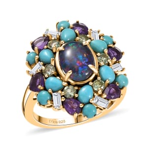 D'Joy Elysian Opal (Triplet) and Multi Gemstone 4.50 ctw Cosmic Bloom Ring in 18K Vermeil Yellow Gold Over Sterling Silver (Size 7.0)