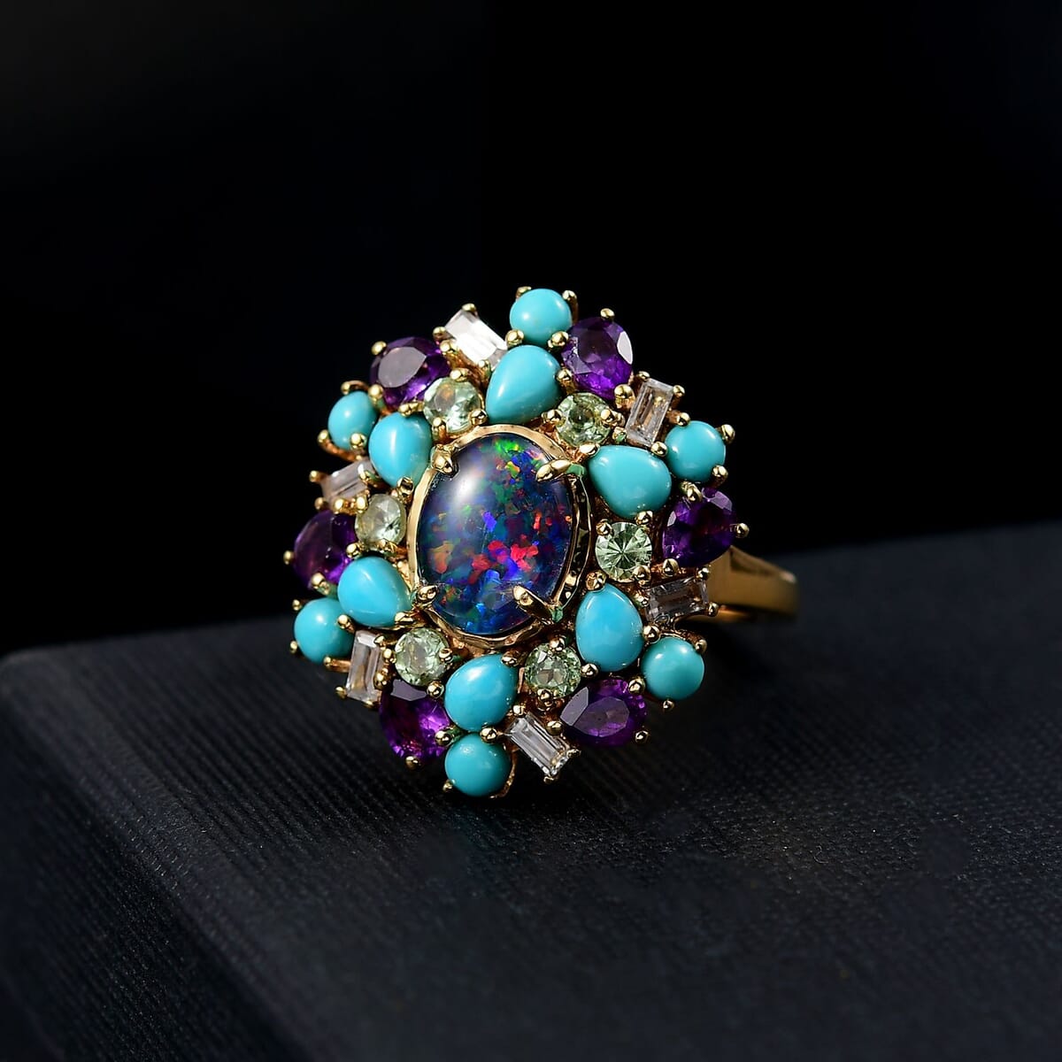 D'Joy Elysian Opal (Triplet) and Multi Gemstone 4.50 ctw Cosmic Bloom Ring in 18K Vermeil Yellow Gold Over Sterling Silver (Size 7.0) image number 1