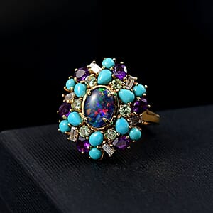 D'Joy Elysian Opal (Triplet), Multi Gemstone Bloom Ring in 18K Vermeil YG Over Sterling Silver 4.50 ctw (Size 7.0)