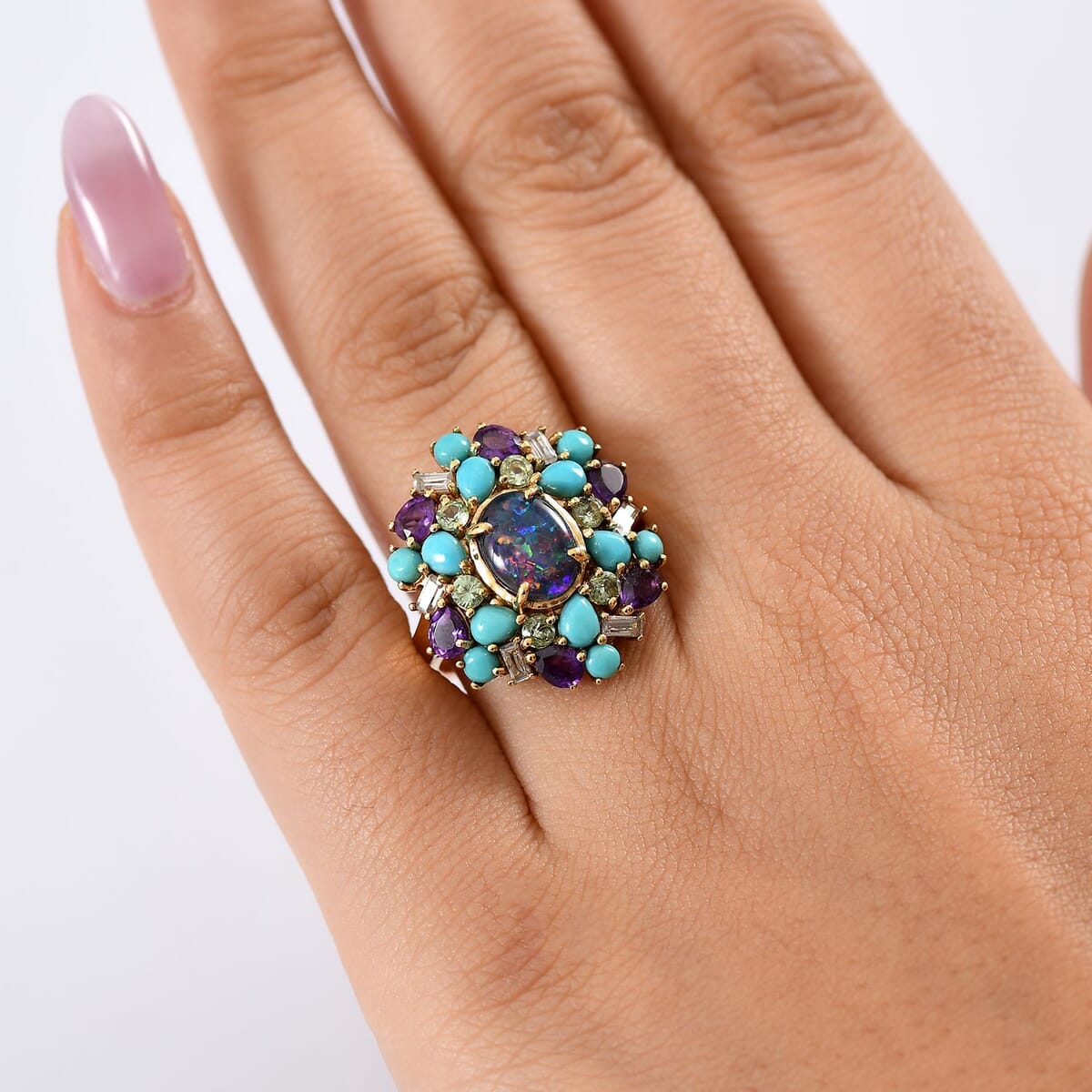 D'Joy Elysian Opal (Triplet) and Multi Gemstone 4.50 ctw Cosmic Bloom Ring in 18K Vermeil Yellow Gold Over Sterling Silver (Size 7.0) image number 2