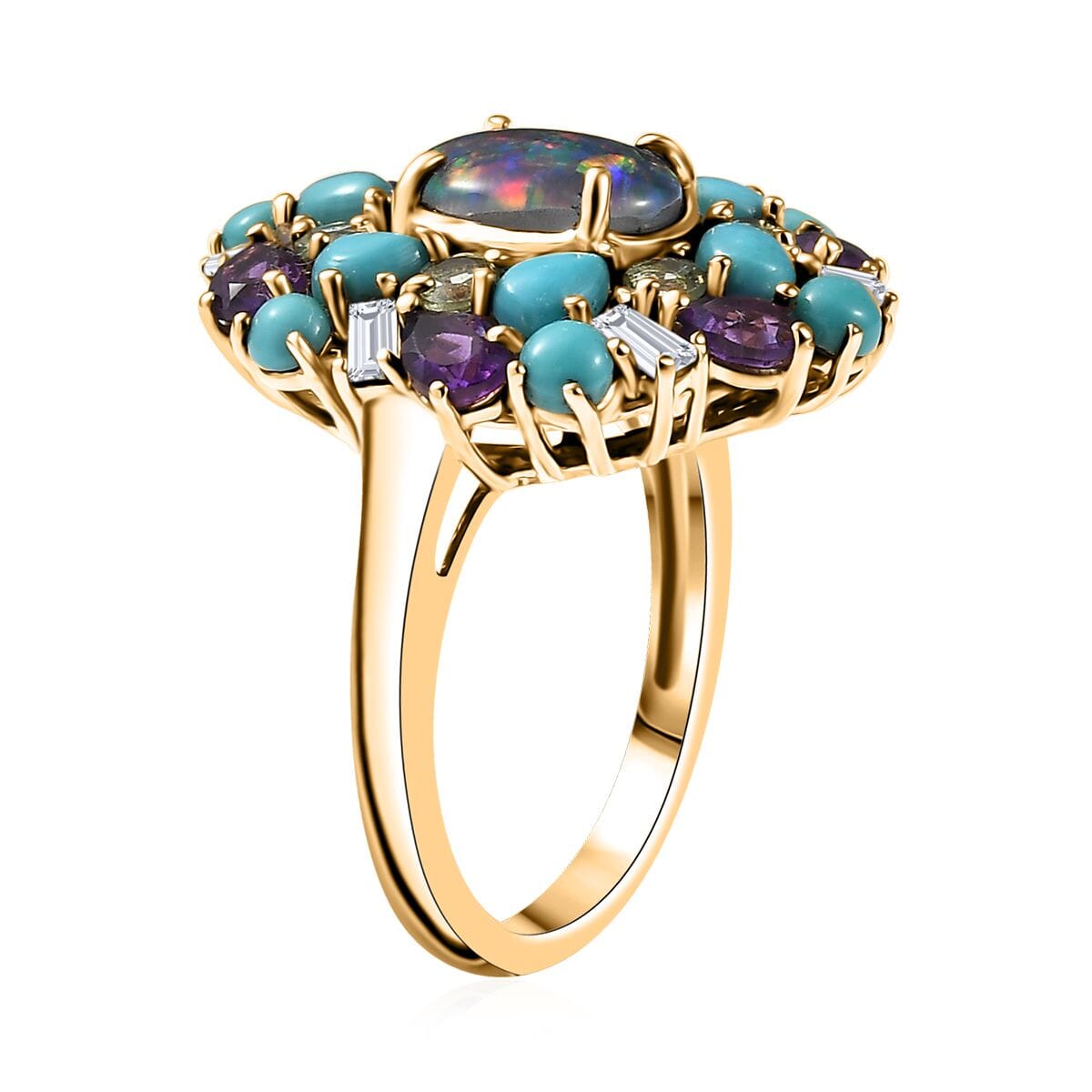 D'Joy Elysian Opal (Triplet) and Multi Gemstone 4.50 ctw Cosmic Bloom Ring in 18K Vermeil Yellow Gold Over Sterling Silver (Size 7.0) image number 3