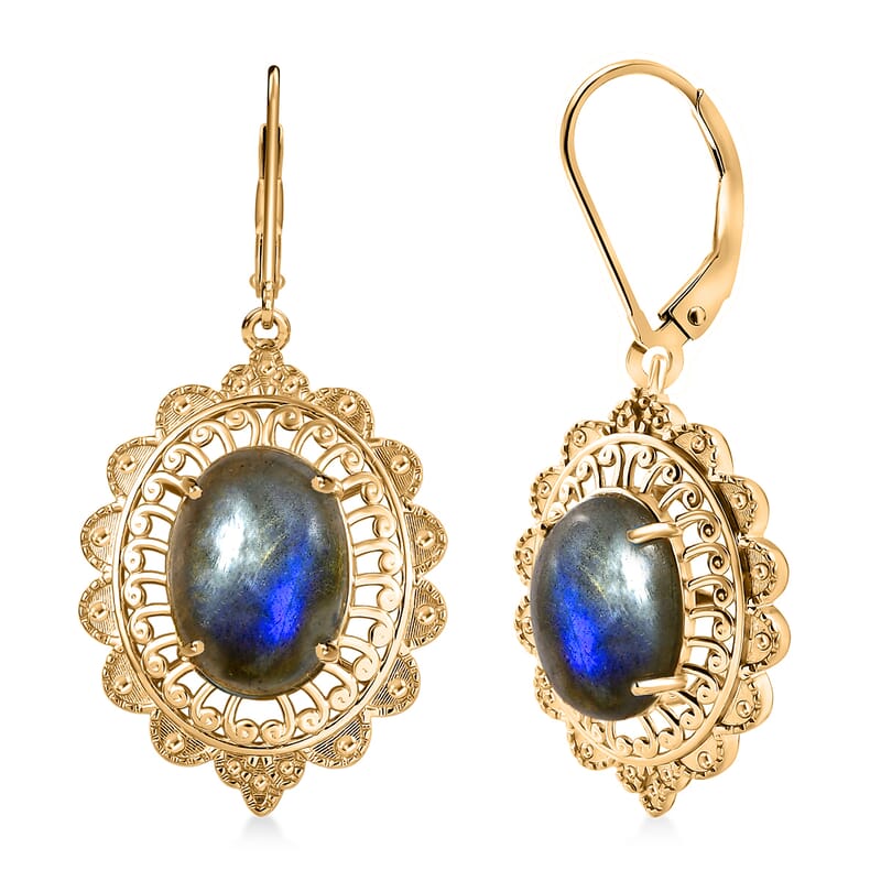 EverTrue Malagasy Labradorite 13.65 ctw Lever Back Earrings in 18K Yellow Gold Plated
