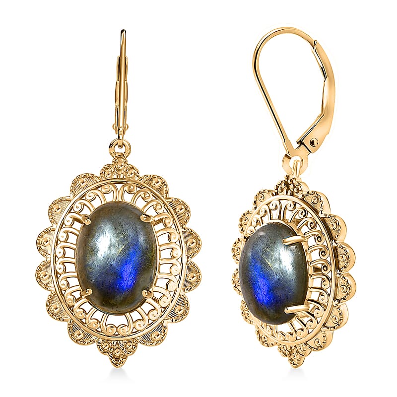 EverTrue Malagasy Labradorite 13.65 ctw Lever Back Earrings in 18K Yellow Gold Plated