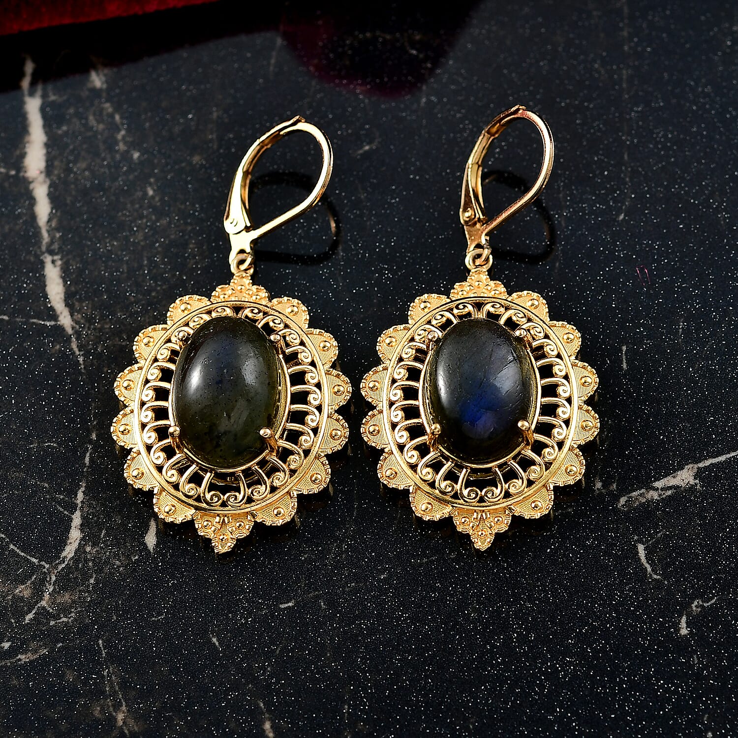 EverTrue Malagasy Labradorite 13.65 ctw Lever Back Earrings in 18K Yellow Gold Plated