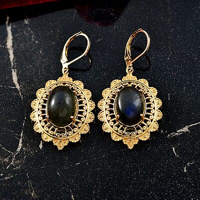 EverTrue Malagasy Labradorite 13.65 ctw Lever Back Earrings in 18K Yellow Gold Plated
