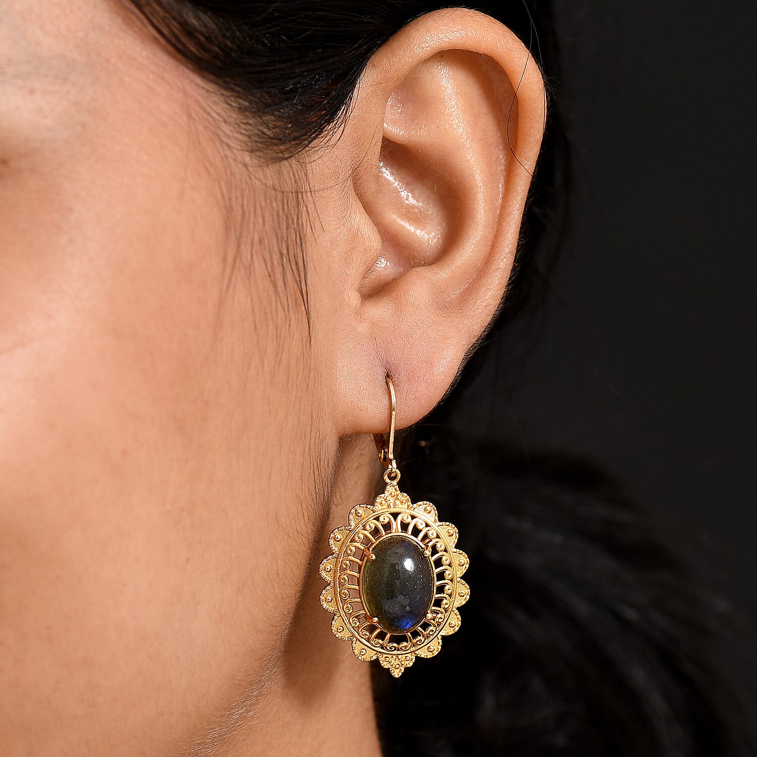 EverTrue Malagasy Labradorite 13.65 ctw Lever Back Earrings in 18K Yellow Gold Plated
