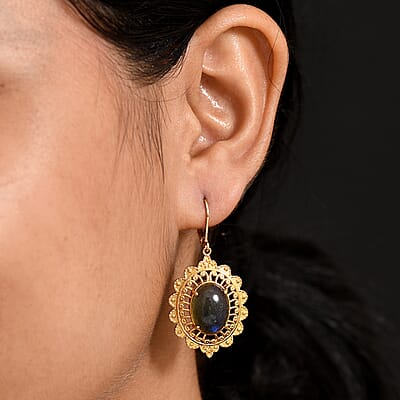 EverTrue Malagasy Labradorite 13.65 ctw Lever Back Earrings in 18K Yellow Gold Plated