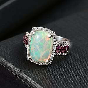 D'Joy Premium Ethiopian Welo Opal and Multi Gemstone 5.20 ctw Celestial Light Ring in Rhodium Over Sterling Silver (Size 10.0) 