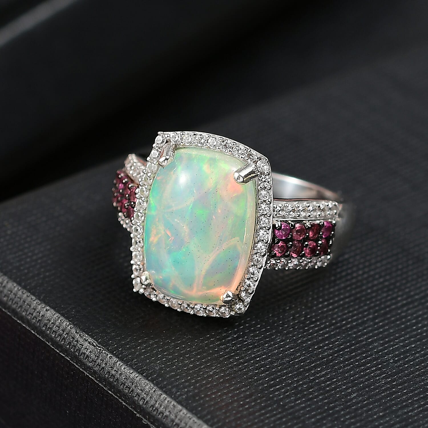 D’Joy Premium Ethiopian Welo Opal and Multi Gemstone 5.20 ctw Celestial Light Ring in Rhodium Over Sterling Silver (Size 6.0)
