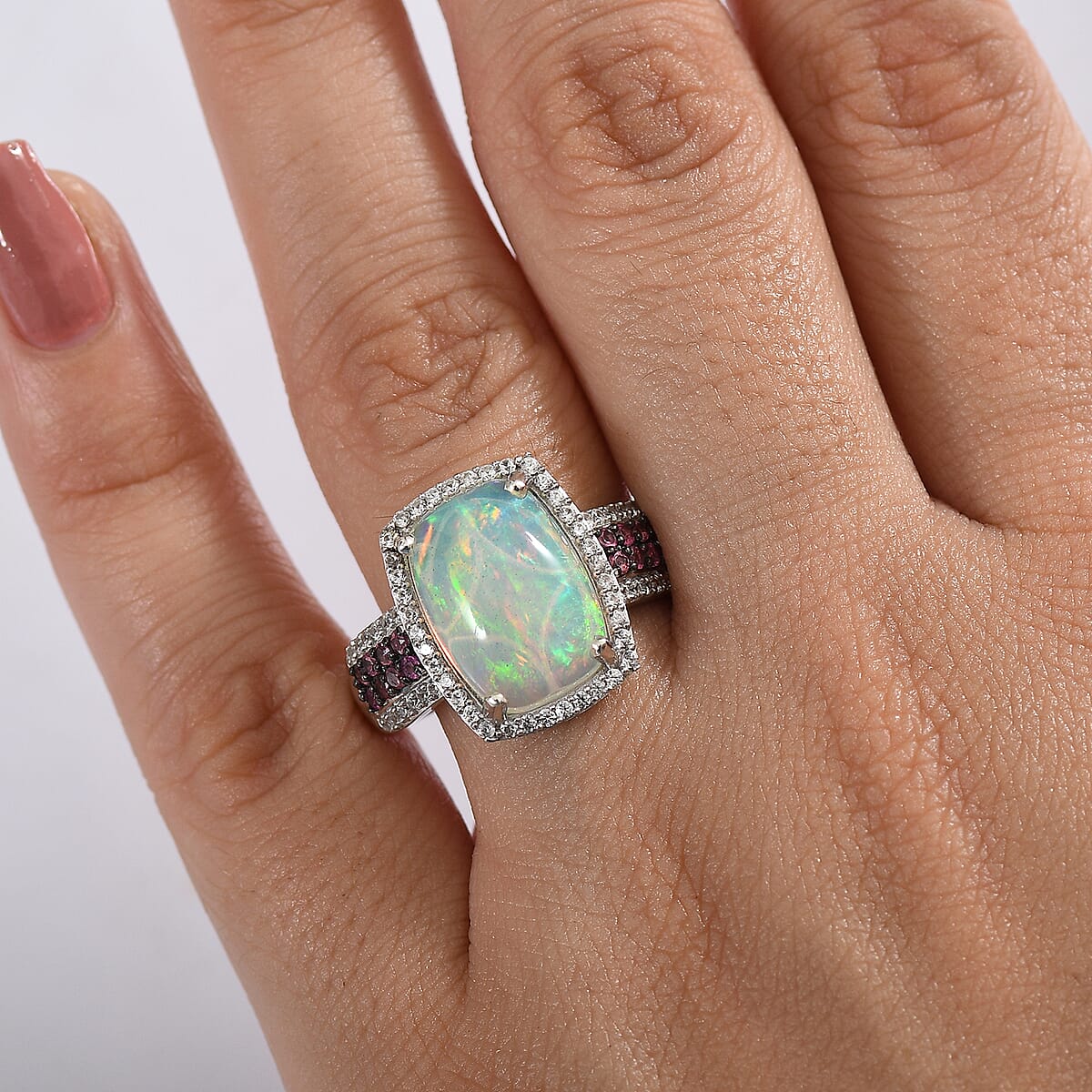 D’Joy Premium Ethiopian Welo Opal and Multi Gemstone 5.20 ctw Celestial Light Ring in Rhodium Over Sterling Silver (Size 6.0)  image number 2