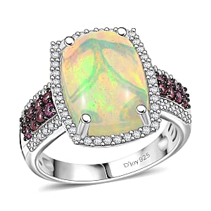 D'Joy Premium Ethiopian Welo Opal and Multi Gemstone 5.20 ctw Celestial Light Ring in Rhodium Over Sterling Silver (Size 8.0) 