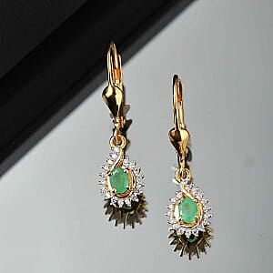 Zambian Emerald and White Zircon Lever Back 1.04 ctw Earrings in Sterling Silver