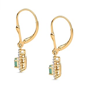 Zambian Emerald and White Zircon Lever Back 1.04 ctw Earrings in Sterling Silver