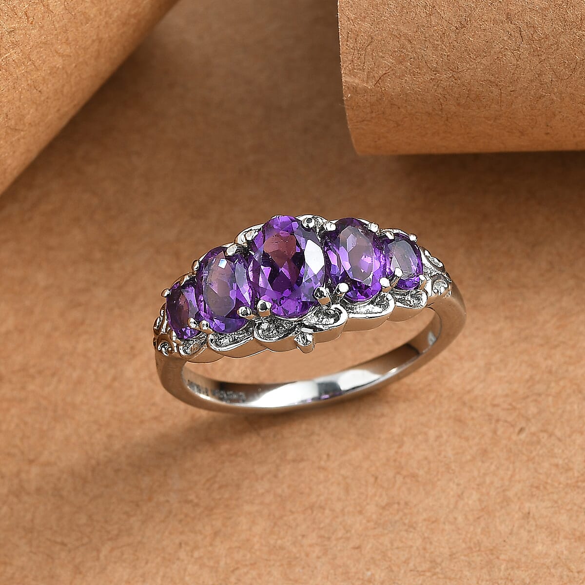 EverTrue African Amethyst 1.85 ctw 5 Stone Ring in Stainless Steel (Size 10.0)  image number 1