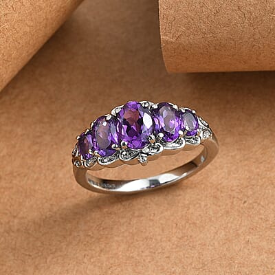 EverTrue African Amethyst 1.85 ctw 5 Stone Ring in Stainless Steel (Size 10.0) 