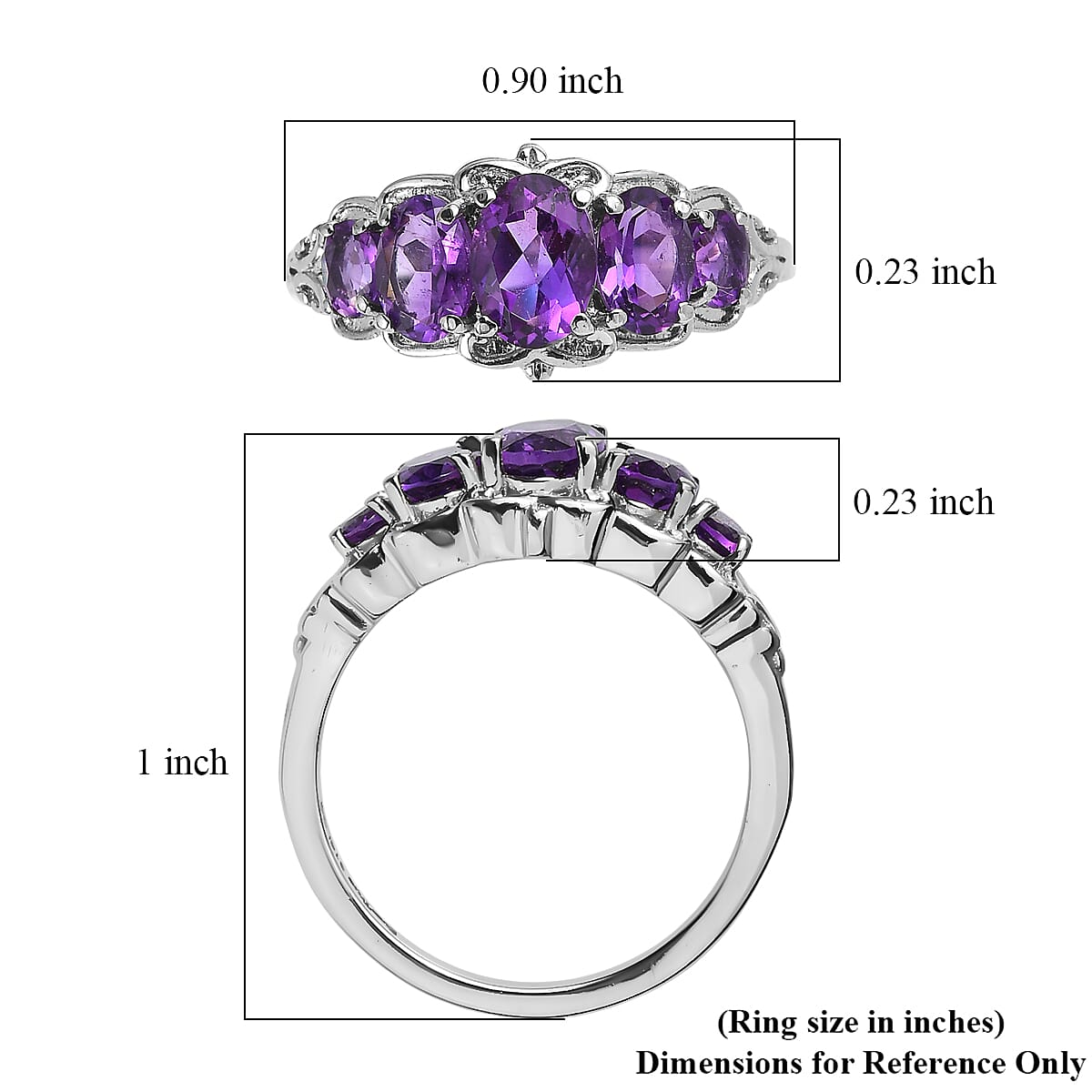 EverTrue African Amethyst 1.85 ctw 5 Stone Ring in Stainless Steel (Size 8.0)  image number 5