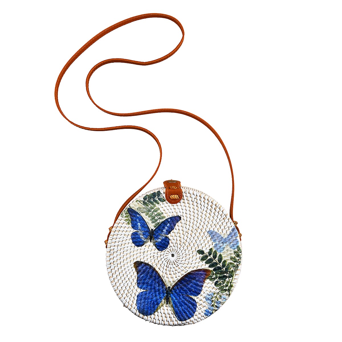 Tamsy Handmade White Round Shape Rattan Crossbody Bag with Blue Butterfly Printed Motif  image number 0