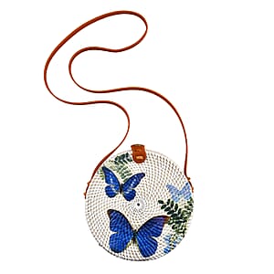 Tamsy Handmade White Round Shape Rattan Crossbody Bag with Blue Butterfly Printed Motif 