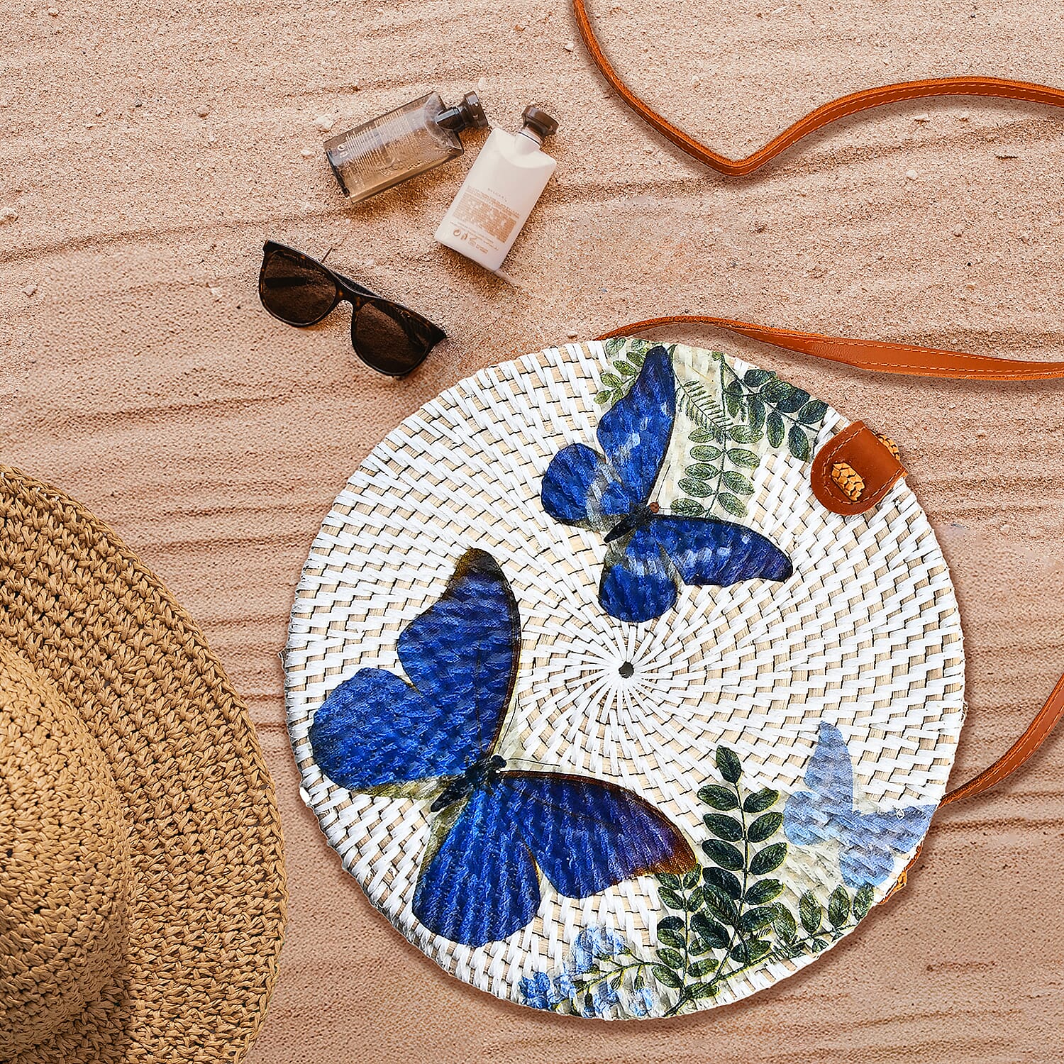Tamsy Handmade White Round Shape Rattan Crossbody Bag with Blue Butterfly Printed Motif 